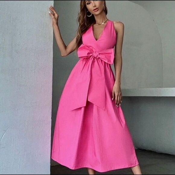Zara Bow Pink Midi Dress Deep Plunge Poplin New Barbiecore Barbie - Picture 4 of 16